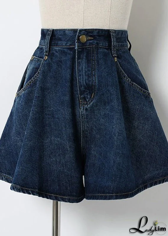 Classy Navy Pockets Patchwork High Waist Button Denim Shorts