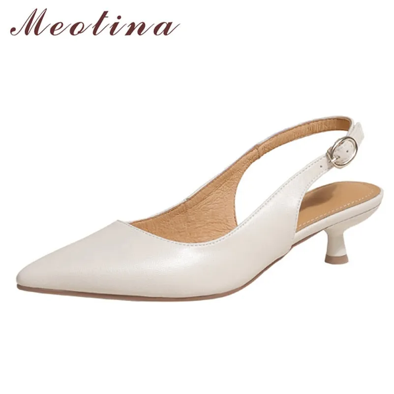 Meotina Genuine Leather Women Slingbacks Shoes Cow Leather Buckle Thin Heels Pumps Pointed Toe Med Heel Ladies Footwear Spring