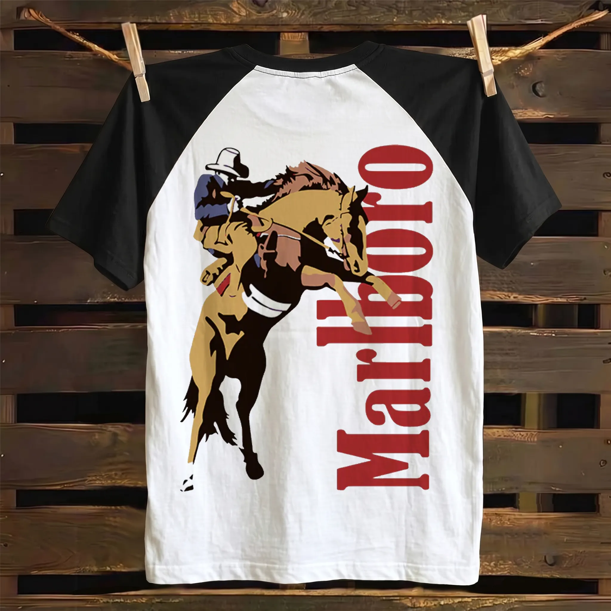 Western Cowboy Graphic Print Color-block Raglan T-shirt