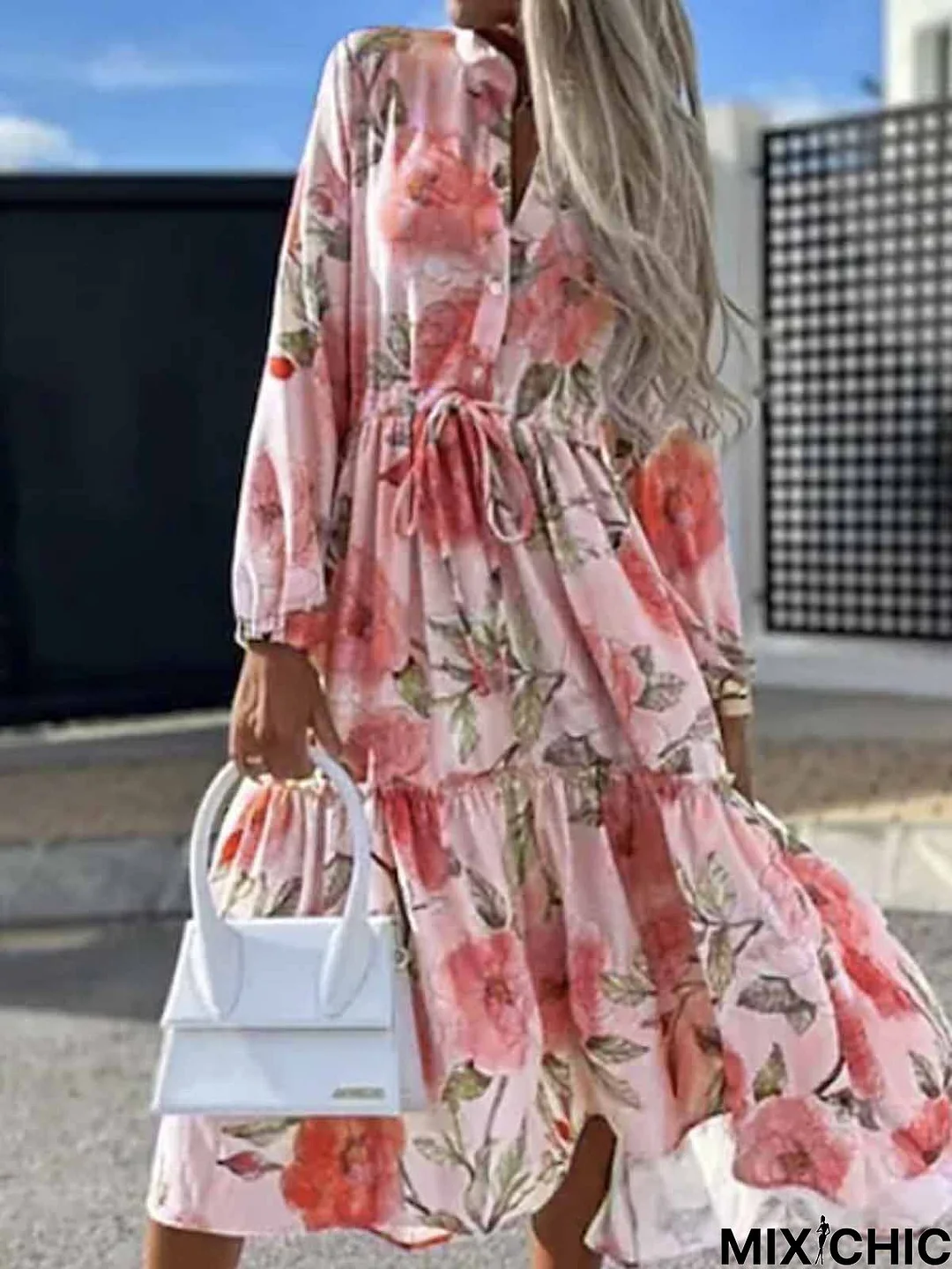 Vacation Red Floral V Neck Loose Dress