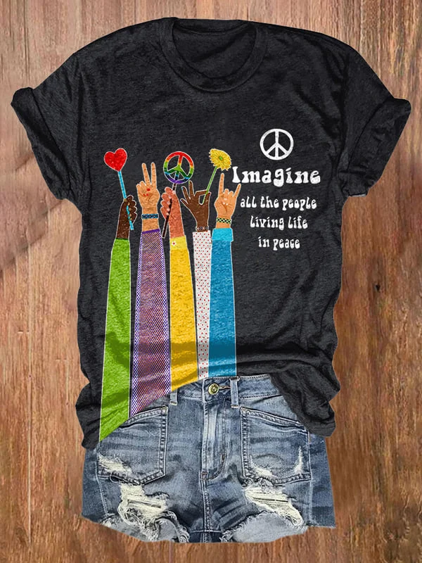 Retro Hippie Imagine All The People Living Life In Peace Print Shirt socialshop