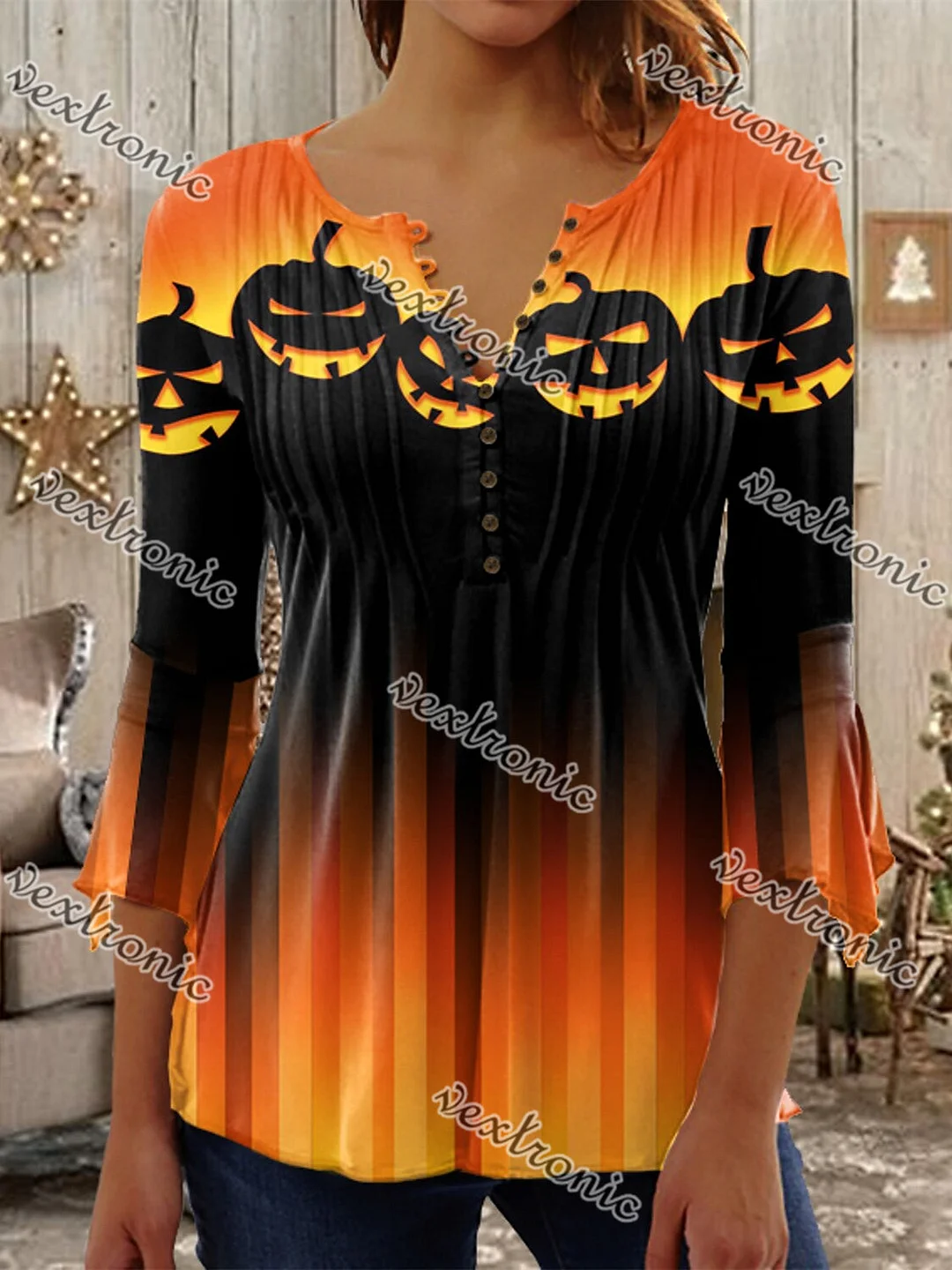 Style & Comfort for Mature Women Women's Halloween Long Sleeve V-neck Graphic Printed Top