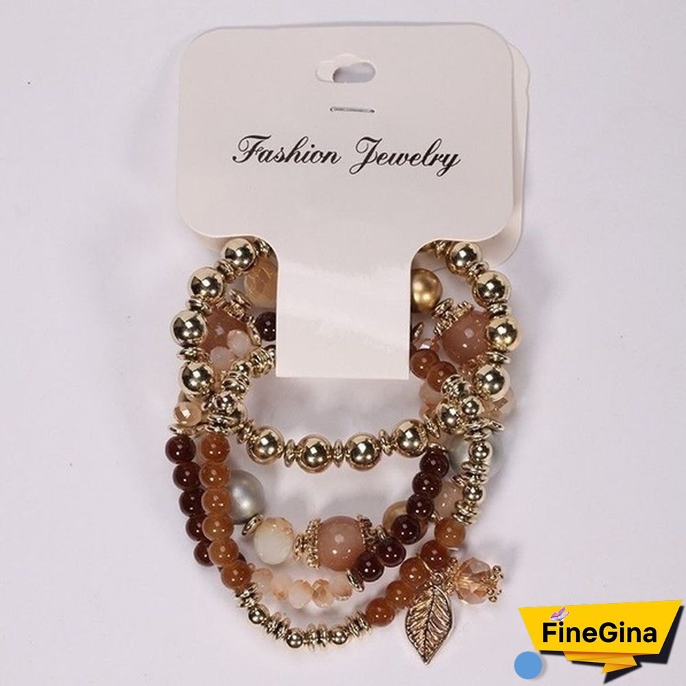 4pcs/set Multilayer Crystal Beads Leave Tassel Bracelets Women Bangles Jewelry