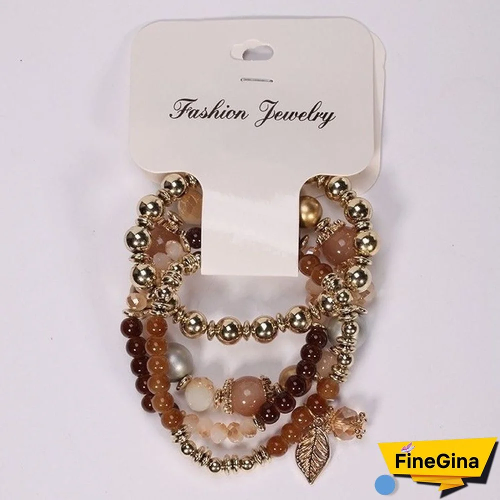 4pcs/set Multilayer Crystal Beads Leave Tassel Bracelets Women Bangles Jewelry