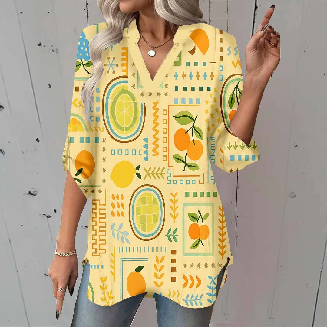 Women Fruit, Yellow DZGA0365 3/4 Sleeve V-neck Printed Graphic Button Tops
