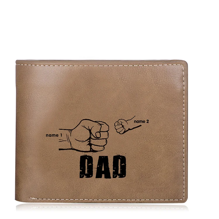 2 Names-Personalized Leather Mens Wallet Engraved 2 Names Fist Bump Folding Wallet Set With Gift Card Gift Box Father's Day Gifts