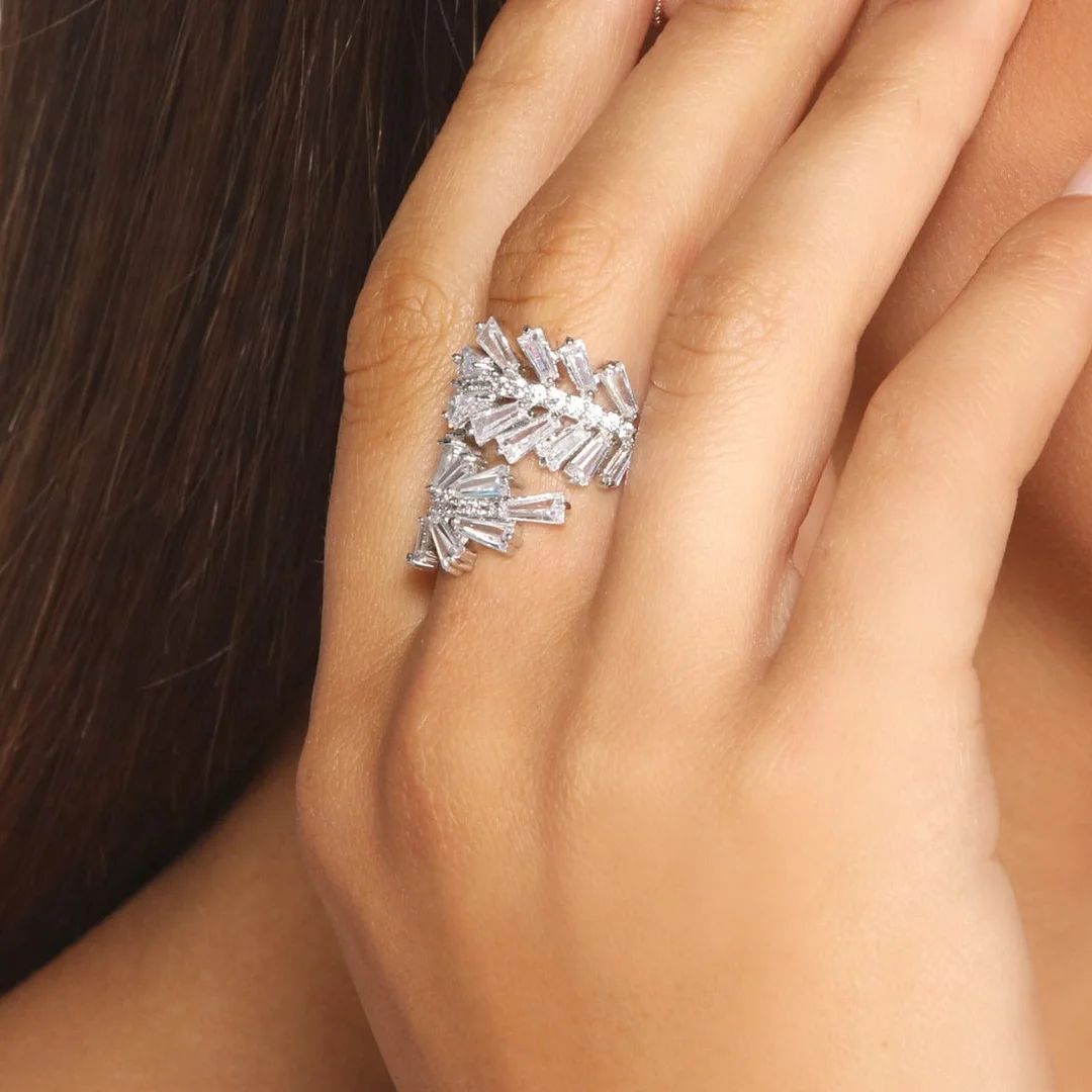Cubic Zirconia Baguette Evening Prom Leaf Ring-VESSFUL