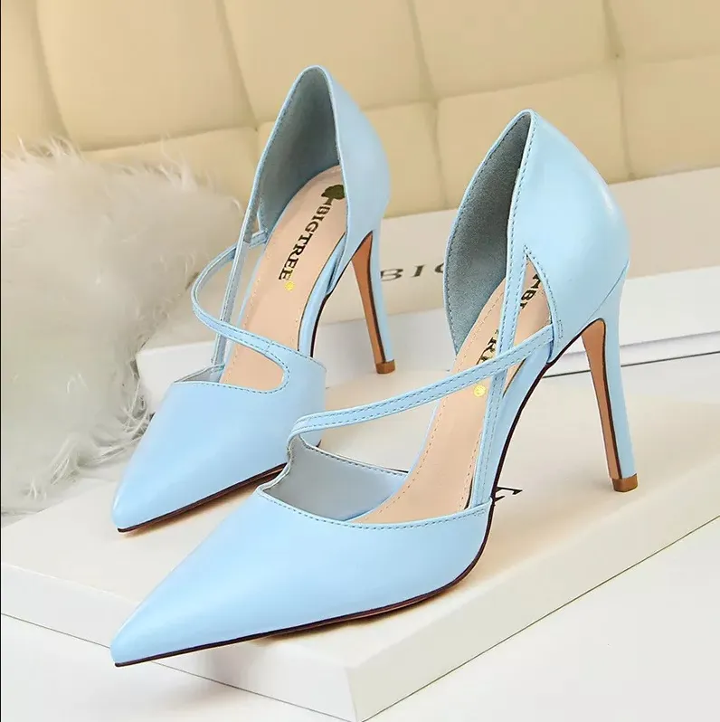 2019 New Summer Luxury Woman Fetish Yellow High Heels Female Classic Strap Blue Sandals Pink Pumps Lady Sexy Shoes 830-1