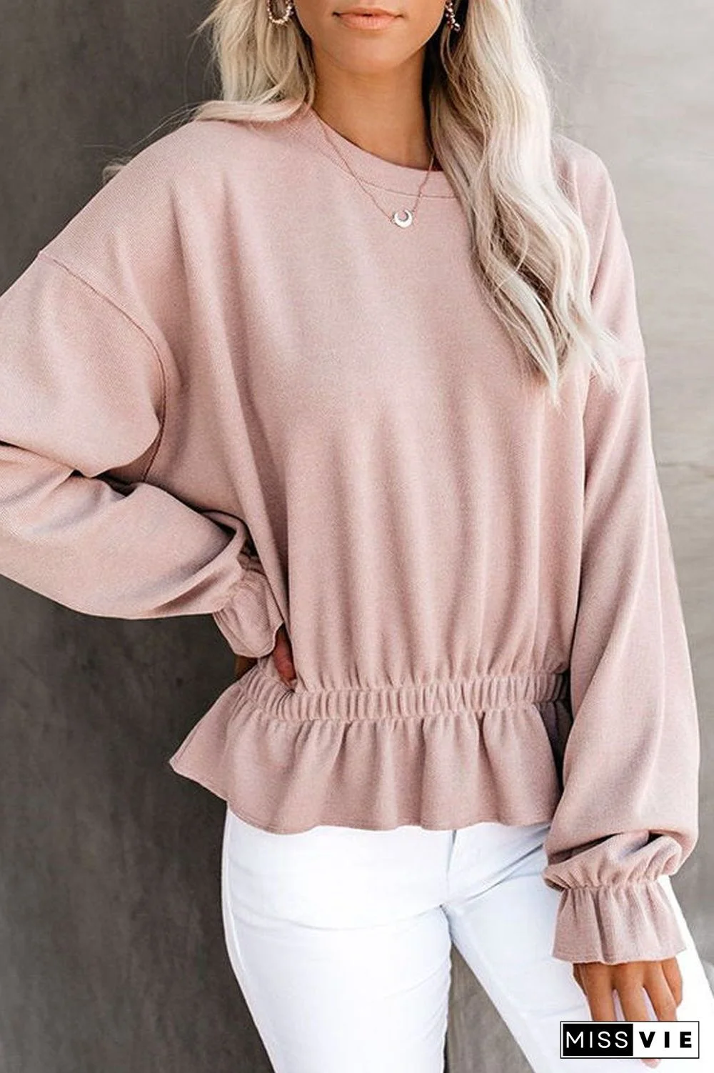 Round Neck Casual Elastic Waist Top