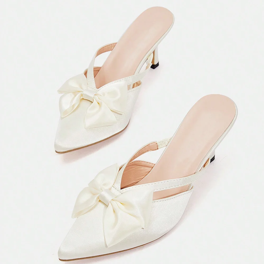 White Satin Closed Pointed Toe Bow Mules With Kitten Heels Nicepairs