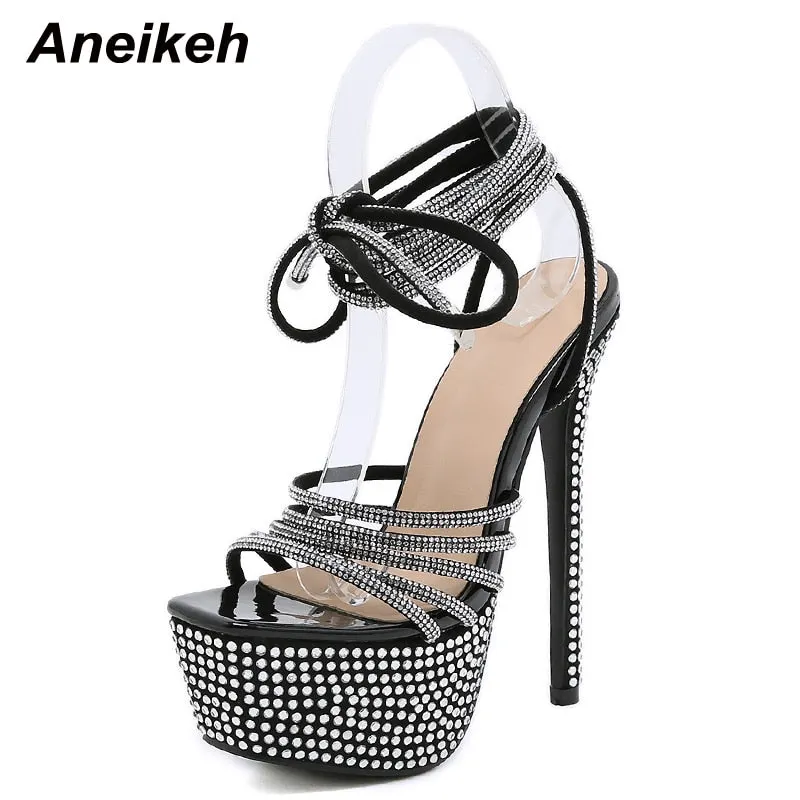 AneikehRhinestone Strap Cross Sexy GLADIATOR Platform Sandals For Women Open toe Bling Crystal High Heel Sandals Nightclub Shoes