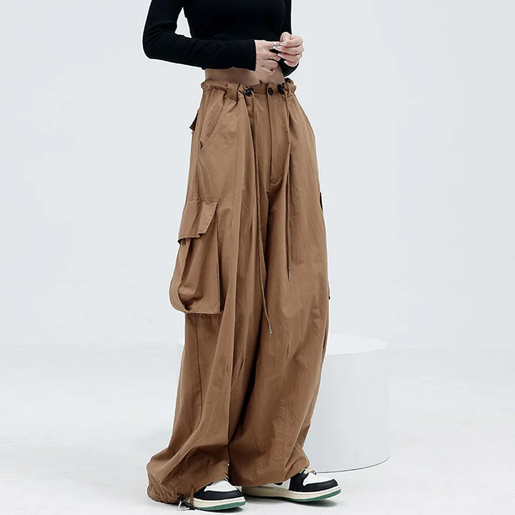 Solid Color Middle Waist Drawstring Pockets Baggy Cargo Pants  