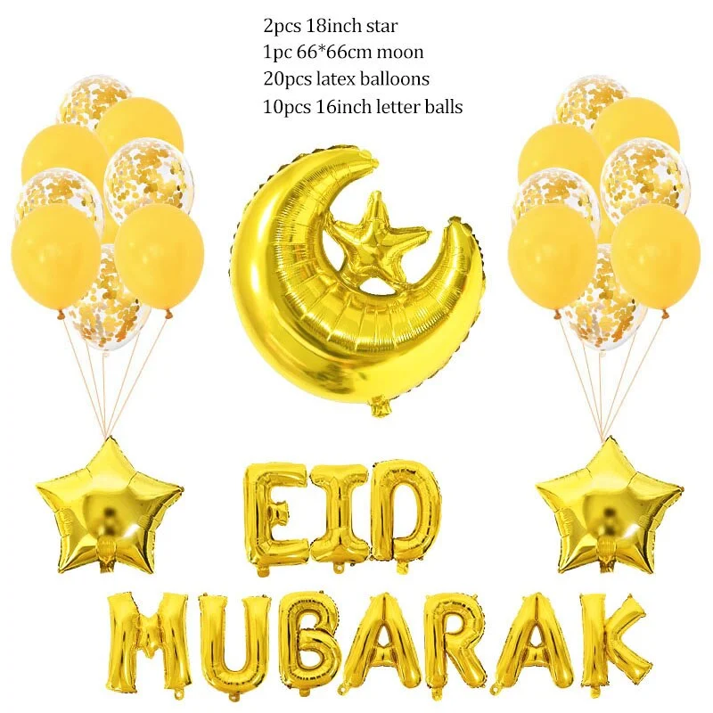 1Set Eid Mubarak Balloons Moon Star Ramadan Kareem Decoration Helium Foil Globos Banners Muslim Islamic Festival Party DIY Decor