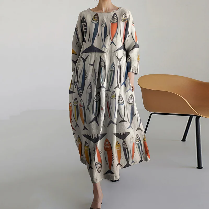 Retro Sardines Flat Oil Painting Art Print Casual Midi Dress