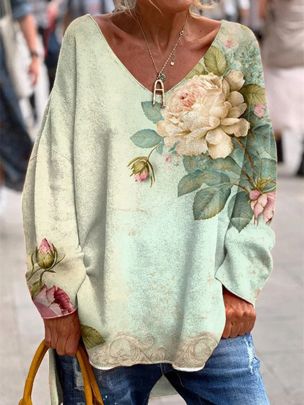 Women's Long Sleeve V-neck Graphic Printed Tops
