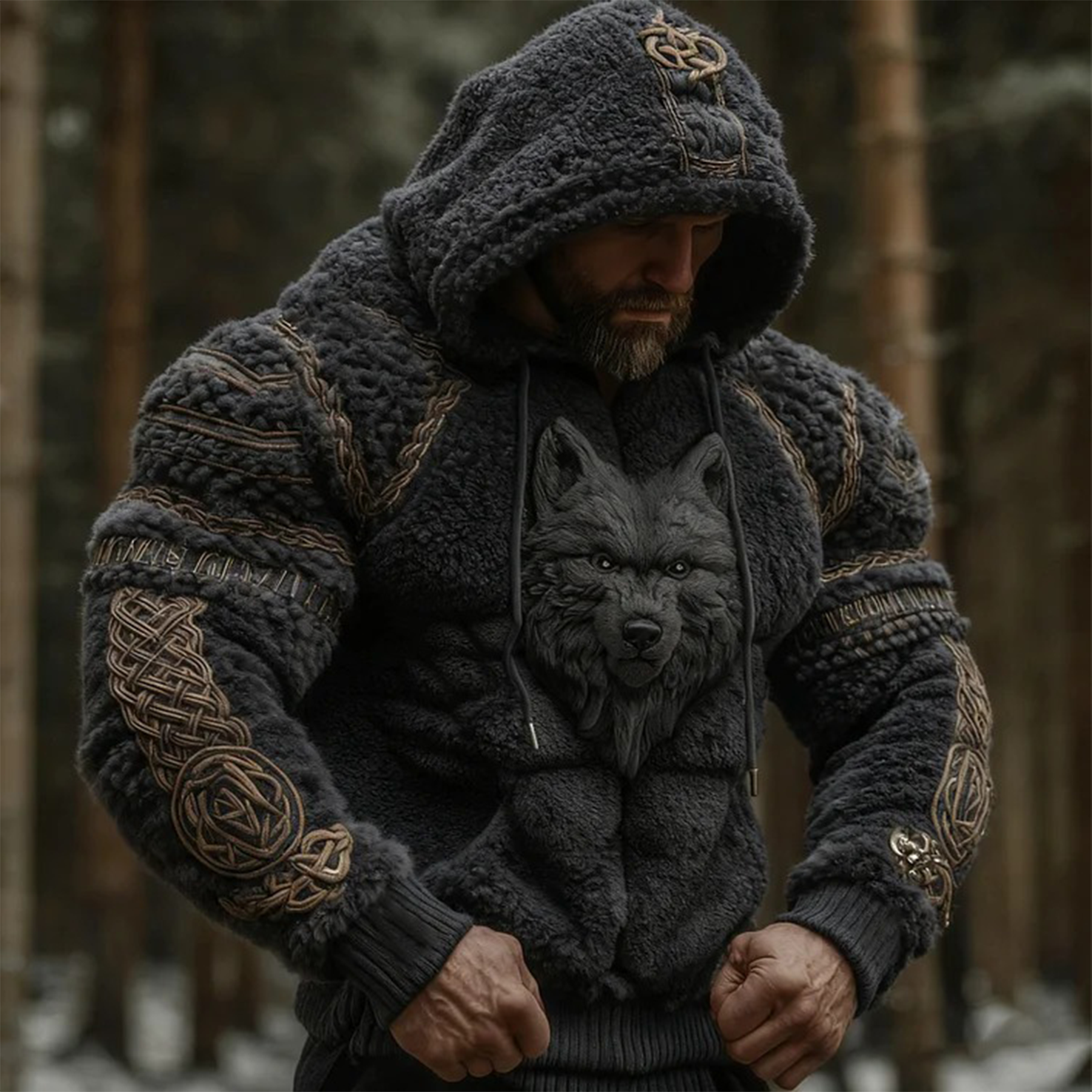 3D Print Christmas Ugly Sweater Men's Viking Wolf Celtic Art Warm Flannel Hoodie