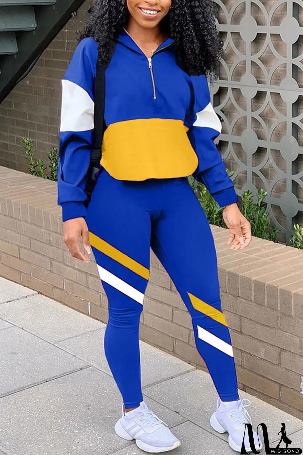 MidiSono - Fluorescent green Casual Striped Print Zippered Split Joint Mandarin Collar Long Sleeve Two Pieces