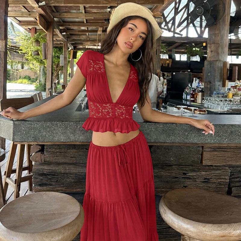 Women Summer Short Sleeve V Neck Tops Long Skirt Beach Vacation Chiffon Two Piece Set Outfit Women Summer Short Sleeve V Neck Tops Long Skirt Beach Vacation Chiffon Two Piece Set Outfit