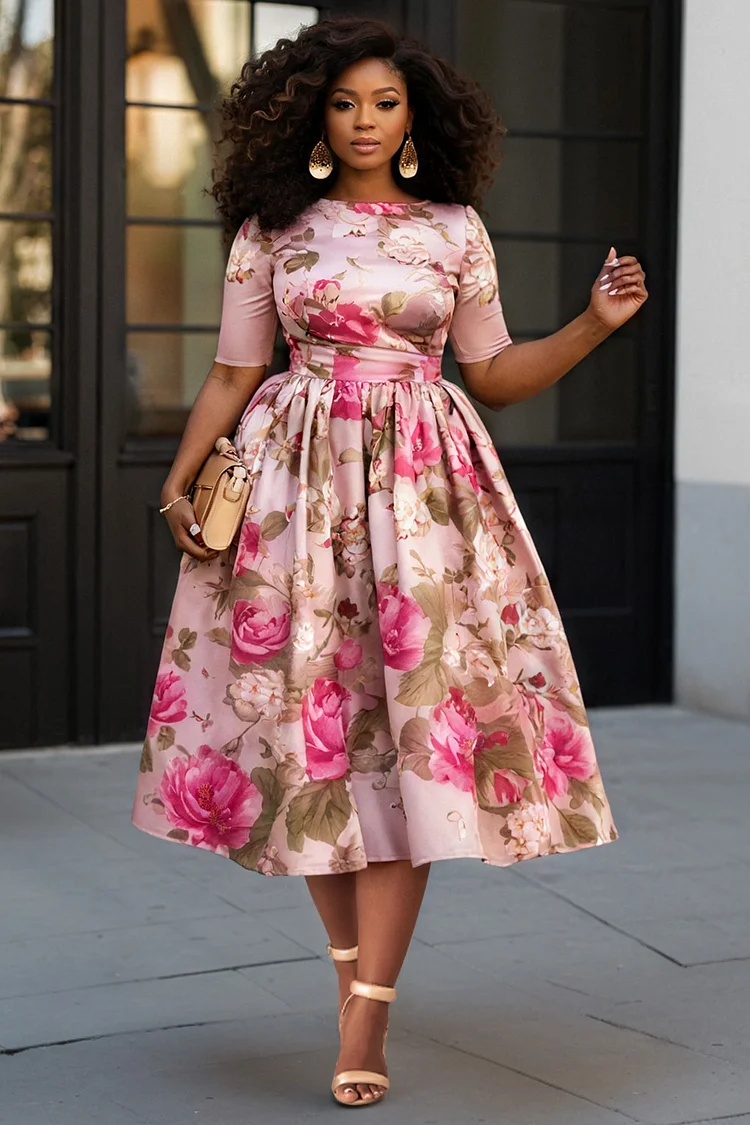 Xpluswear Design Plus Size Wedding Guest Pink Elegant Floral Round Neck Short Sleeve Pocket Satin Midi Dresses 2024 - Xpluswear