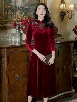 French Red Stand Collar Nail Bead Cotton Long Dresses Bracelet Sleeve