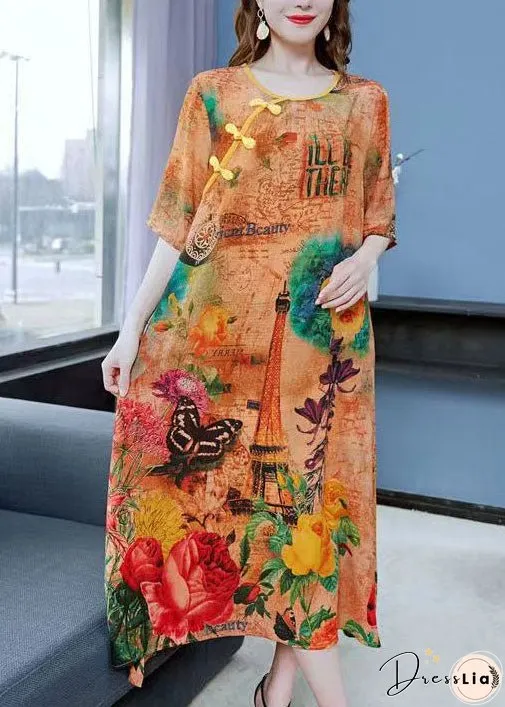 Women Yellow Print Chinese Button Patchwork Silk Dress Summer