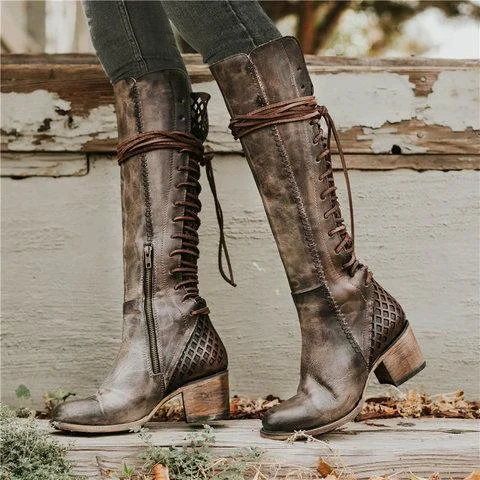 Vintage Lace-Up Hollow-Out Boots Chunky Heel Color Block Boots | IFYHOME