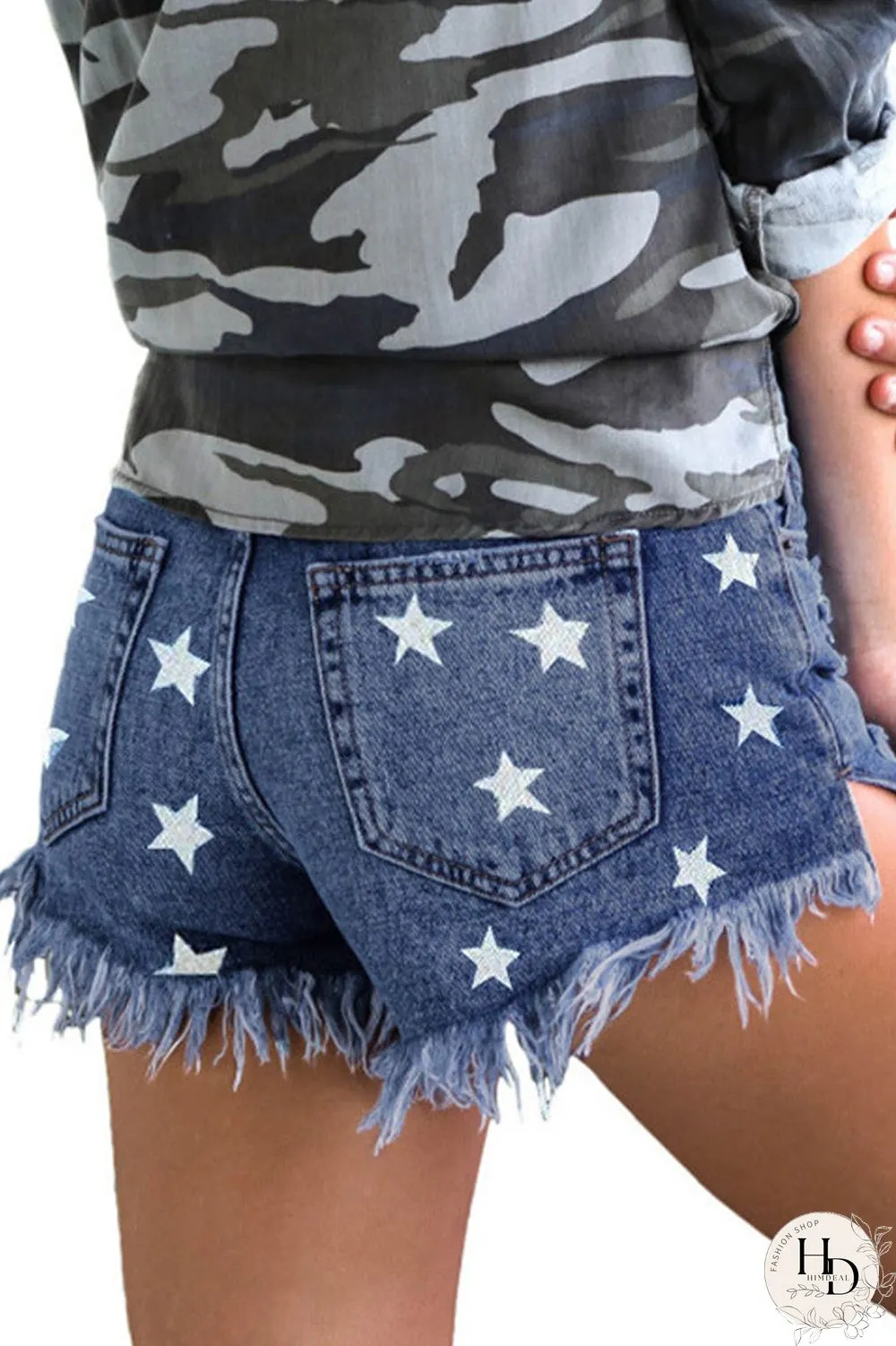 Star Printed Tassel Denim Hole Shorts