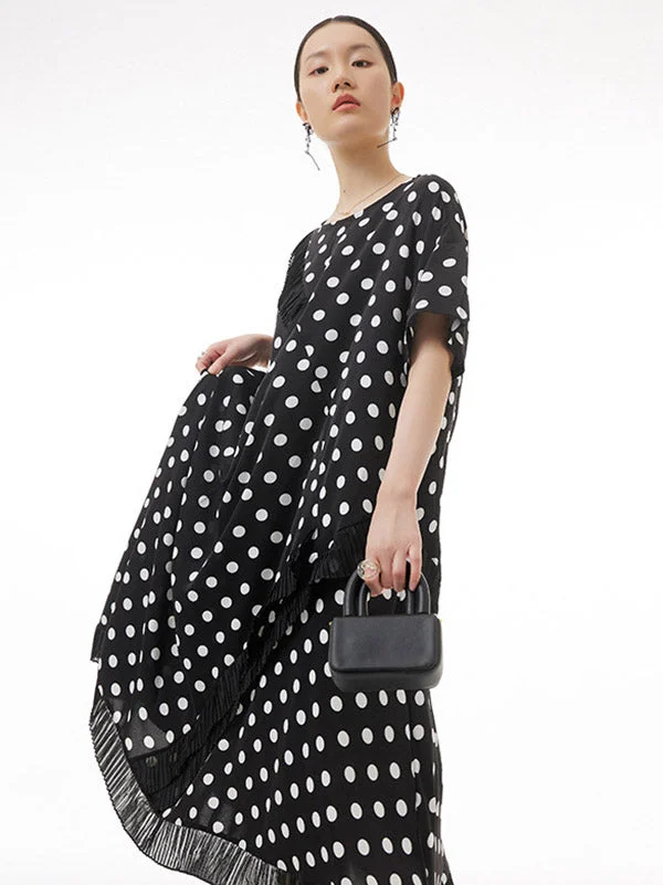 6.1Urban Loose Polka-Dot Printed Pleated Split-Joint Midi Dress