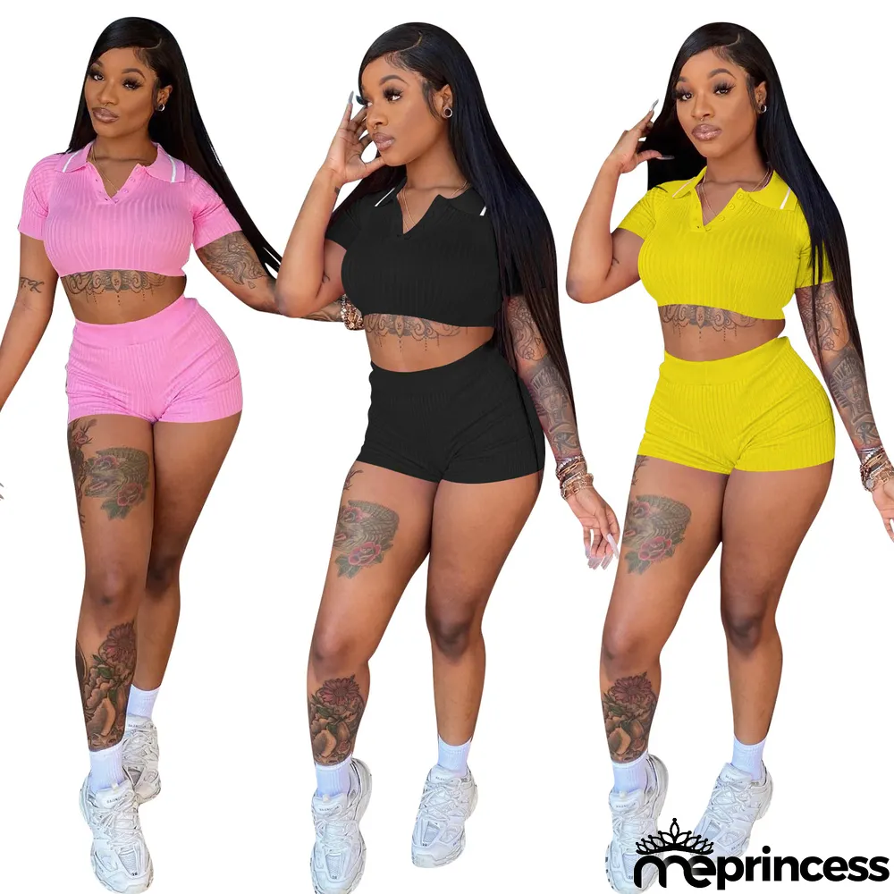 Solid Crop Top And Shorts Two Piece Sets