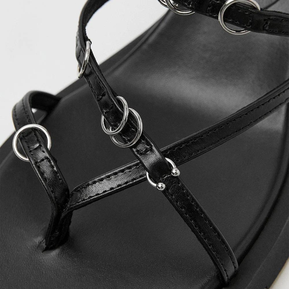 Black Round Toe Chunky Heel Hoops Buckle Flip Flops Mules Sandals