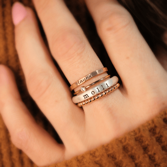 Personalized Stacked Name Ring Set of 4 Stack Rings Olivia Set with Birthstone Gifts to Her, Girlfriend, Friend, Family