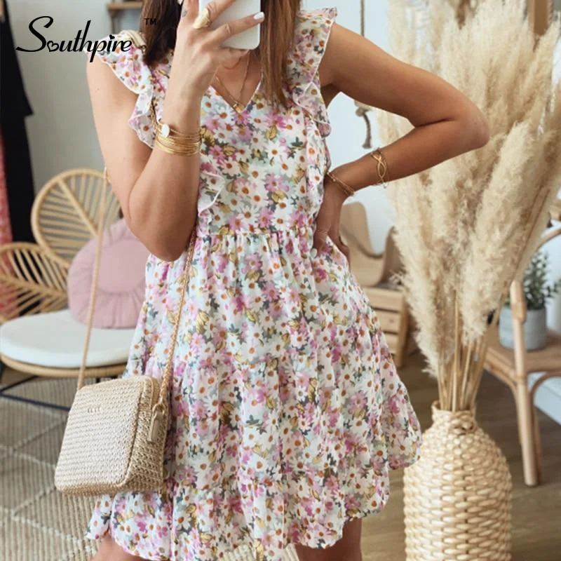 Back To College Southpire Women's Flower Print Short Sleeve Ruffle Dress Backless  V-Neck Summer Sundress Ladies Daily Party Clothing 2023