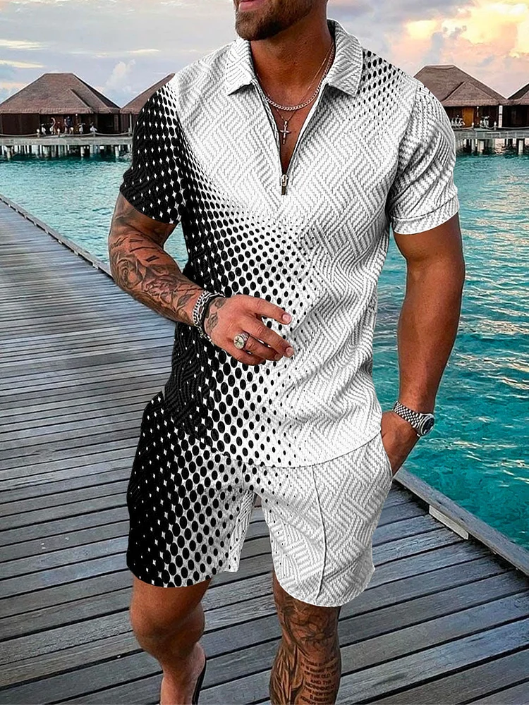 Men's Casual Printed Zip Polo Shirt and Shorts Two-Piece Suits