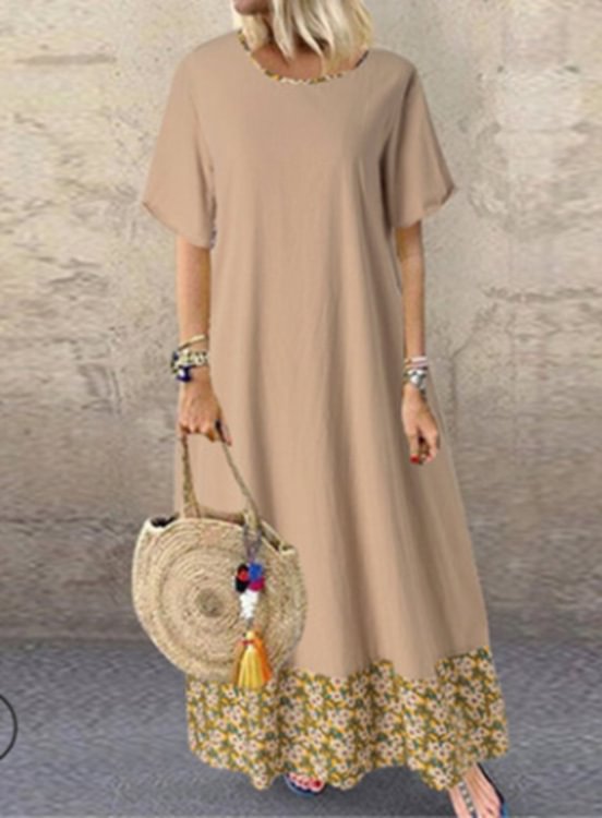 Loose Casual Printed Stitching Chic Short Sleeve Maxi Dress