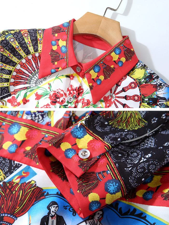 Lapel printed long-sleeved A-line dres