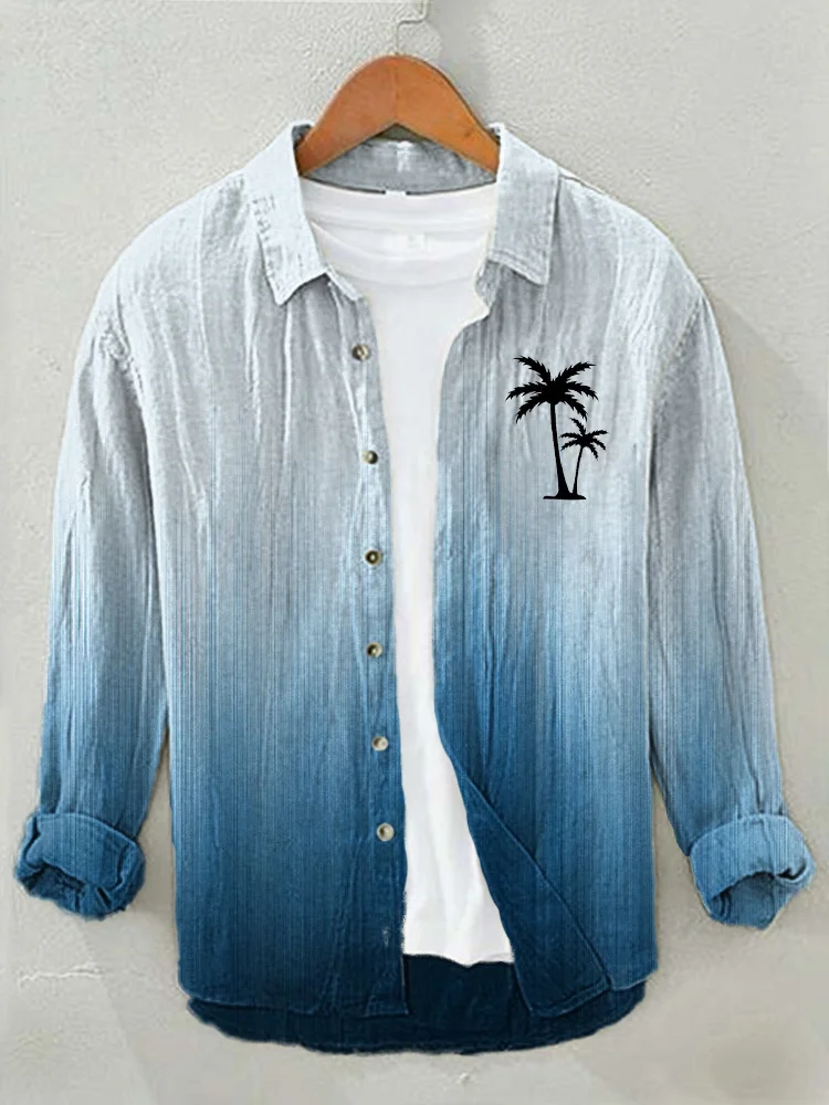 Palm Tree Print Gradient Casual Cotton Linen Shirt
