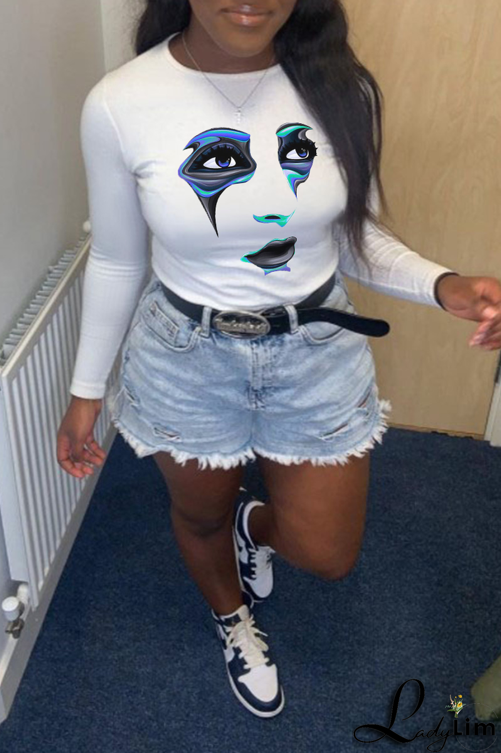 White Casual Street Print Patchwork O Neck Tops