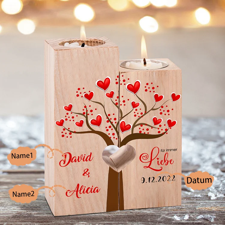 Kettenmachen Personalisierte 2 Namen & Datum Kerzenhalter -Für immer Liebe- Hölzerne Kerzenständer Hochzeitstag Valentinstag Geschenke