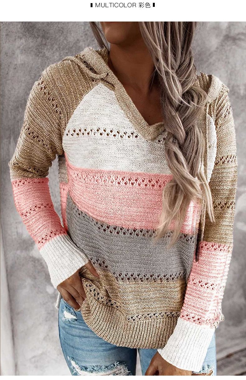 Sweater Loose-fitting Striped Long Sleeves Wool Knitted Pullover For Women