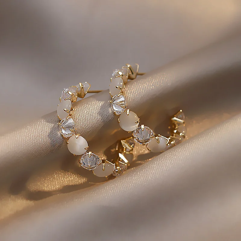 Opal Rhinestone C-Shape Earrings