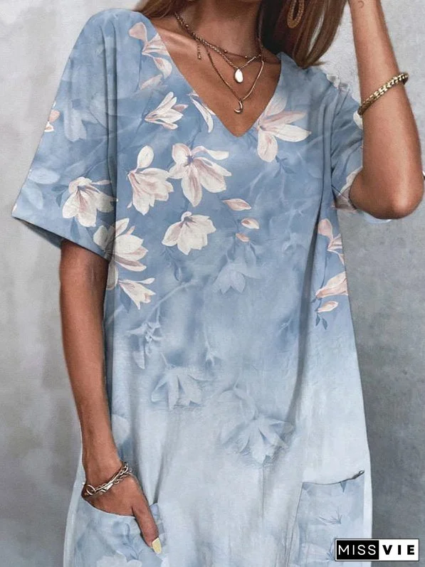 Women's Dresses V-Neck Print Pocket Short Sleeve Dress