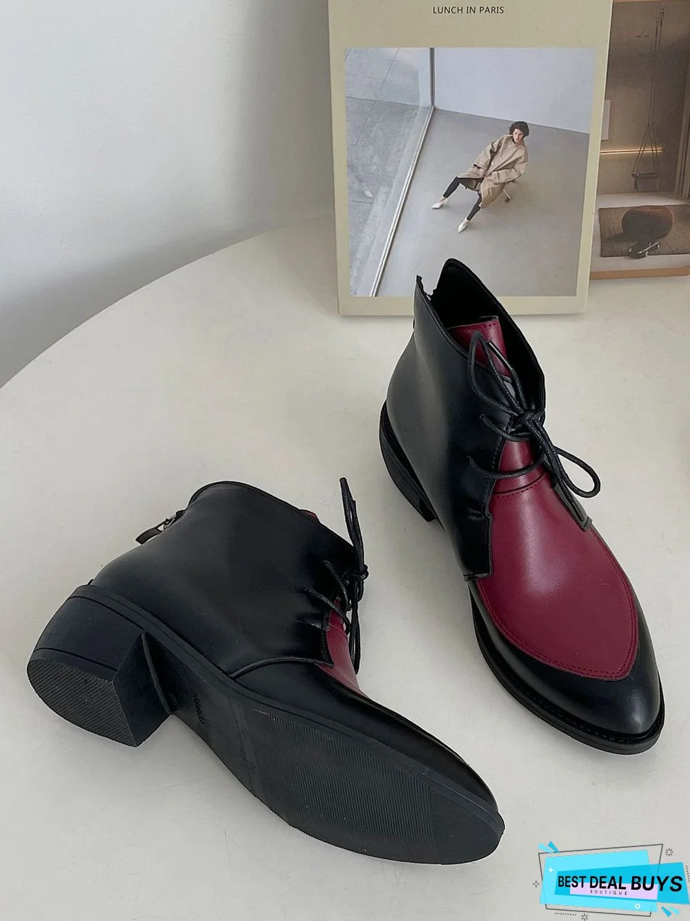 Comfortable Soft Leather Colorblock Lace-Up Pointed Toe Chukkas Booties