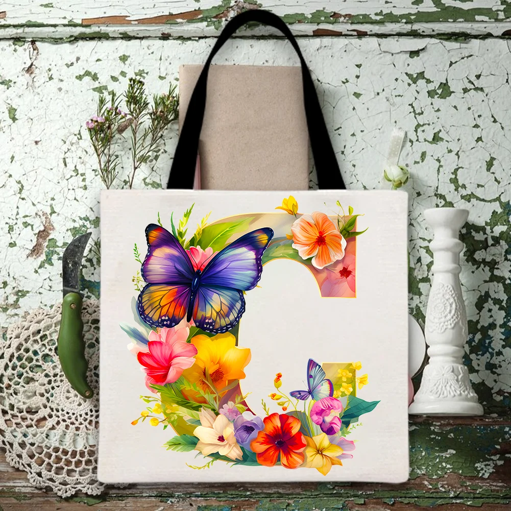 Linen Tote Bag - Letter C Floral Butterfly
