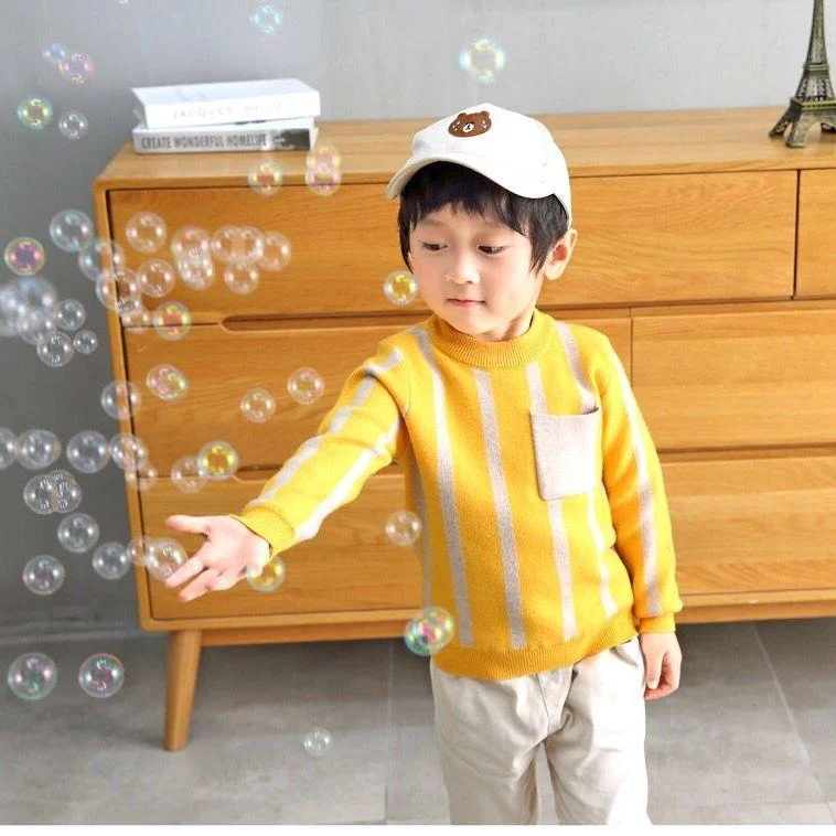 INS HOT Baby boys sweater 2-7 years old online celebrity children's sweater Chest pocket stripes boy clothes toddler sweater