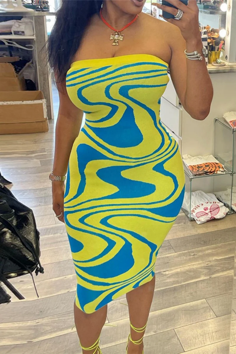Yellow Sexy Print Backless Strapless Pencil Skirt Dresses