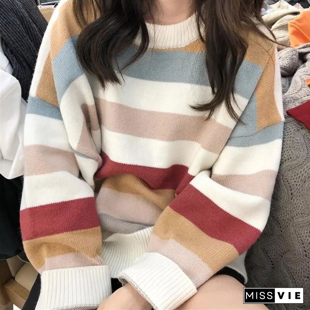 Autumn Design Elegant Stripe Sweater Women Long Sleeves Casual Knitting Sweater Korean Fashion Loose Mujer Pullover New