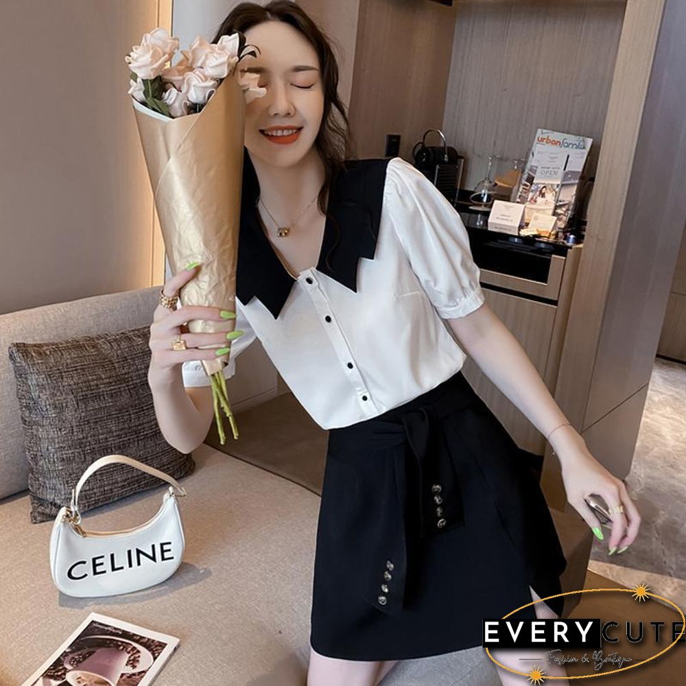 Lapel Chiffon Tee+black Skirt P13068