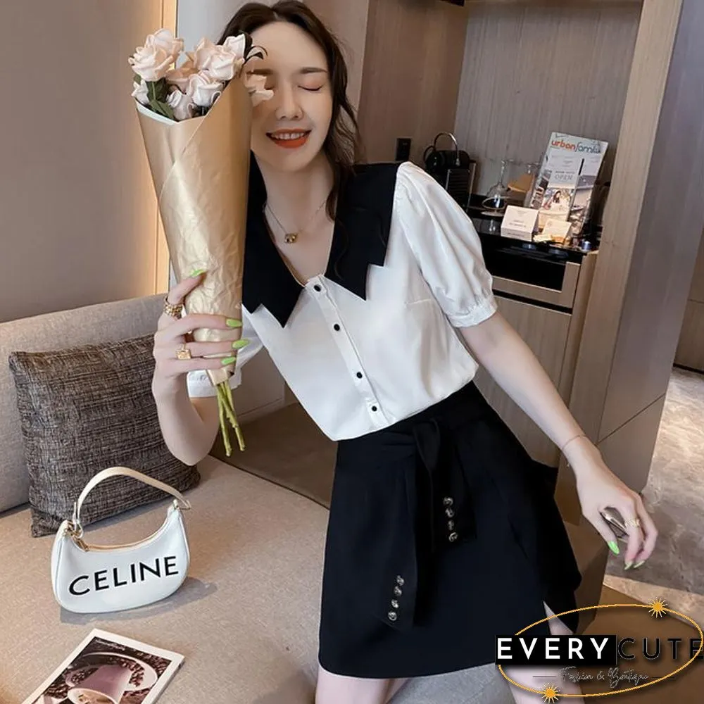 Lapel Chiffon Tee+black Skirt P13068