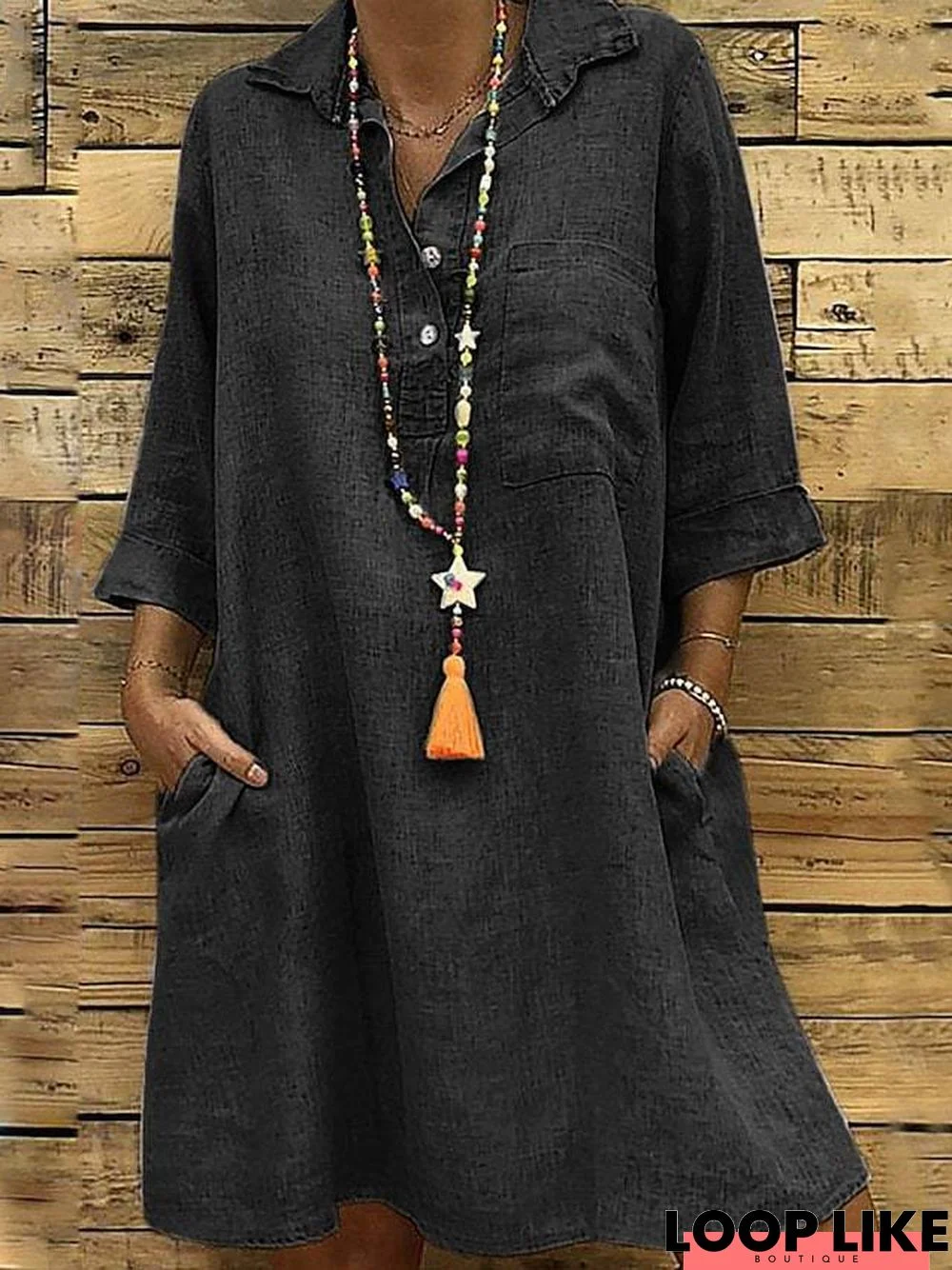 Women's Shift Dress Knee Length Dress Black Khaki Green Gray Long Sleeve Solid Color Patchwork Fall Spring Casual Oversized Linen