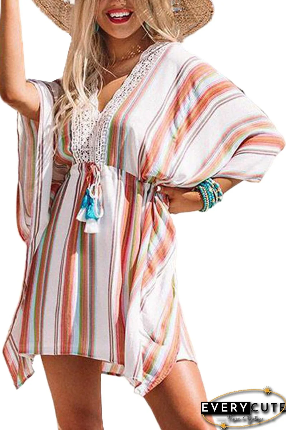 Rainbow Stripe V Neck Bat Sleeve High Waist Cover Up